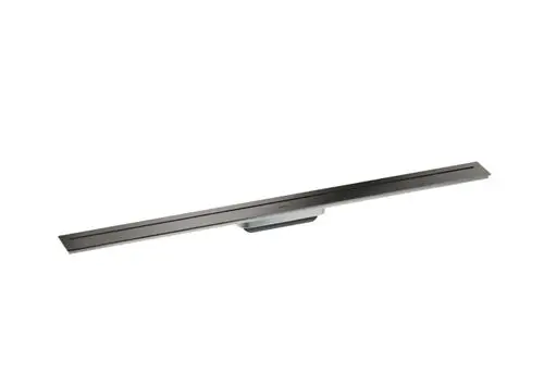 Duschrinne in poliertem Schwarzchrom von AXOR, mit langem, flachen Design und zwei schmalen Ablauflöchern für effektive Wasserableitung.